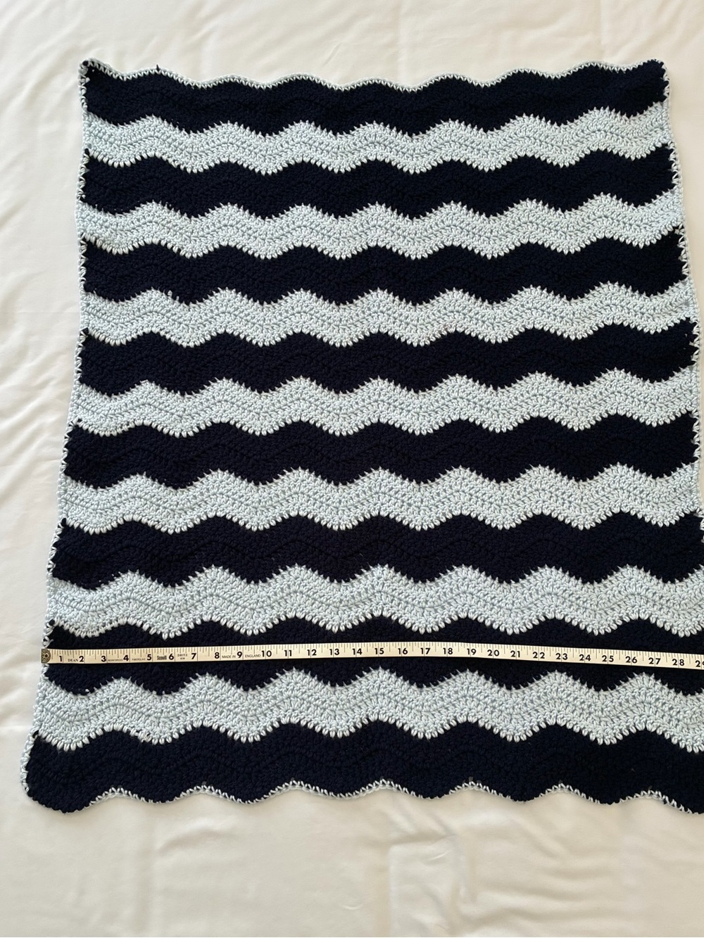 Handmade Crochet Ripple Baby Blanket – Navy and Gray Chevron Afghan 35" x 30" - Picture 3 of 5
